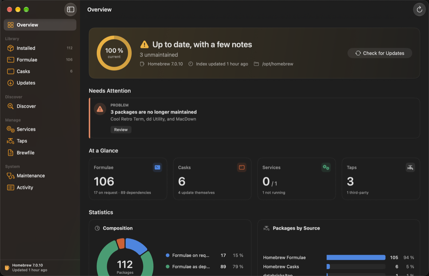 Bromehew overview with status, attention cards, key figures and charts